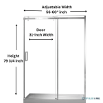 Frameless Sliding Shower Door Chrome, 56"-60" Width, 79" Height, 3/8" (10 Mm) Thick Tempered Safety Glass
